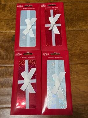 NWT Bundle of 4 Holiday Time Red and Gray Gift Money Holders with White Ribbon